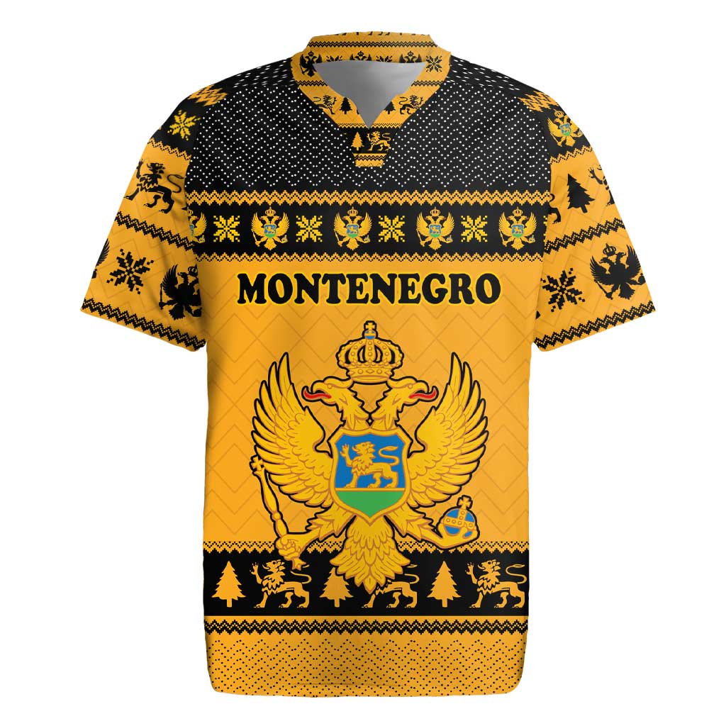 Montenegro Christmas Rugby Jersey with Gold-Black Theme, Double-Headed Eagle, and Map Motif - Wonder Print Shop