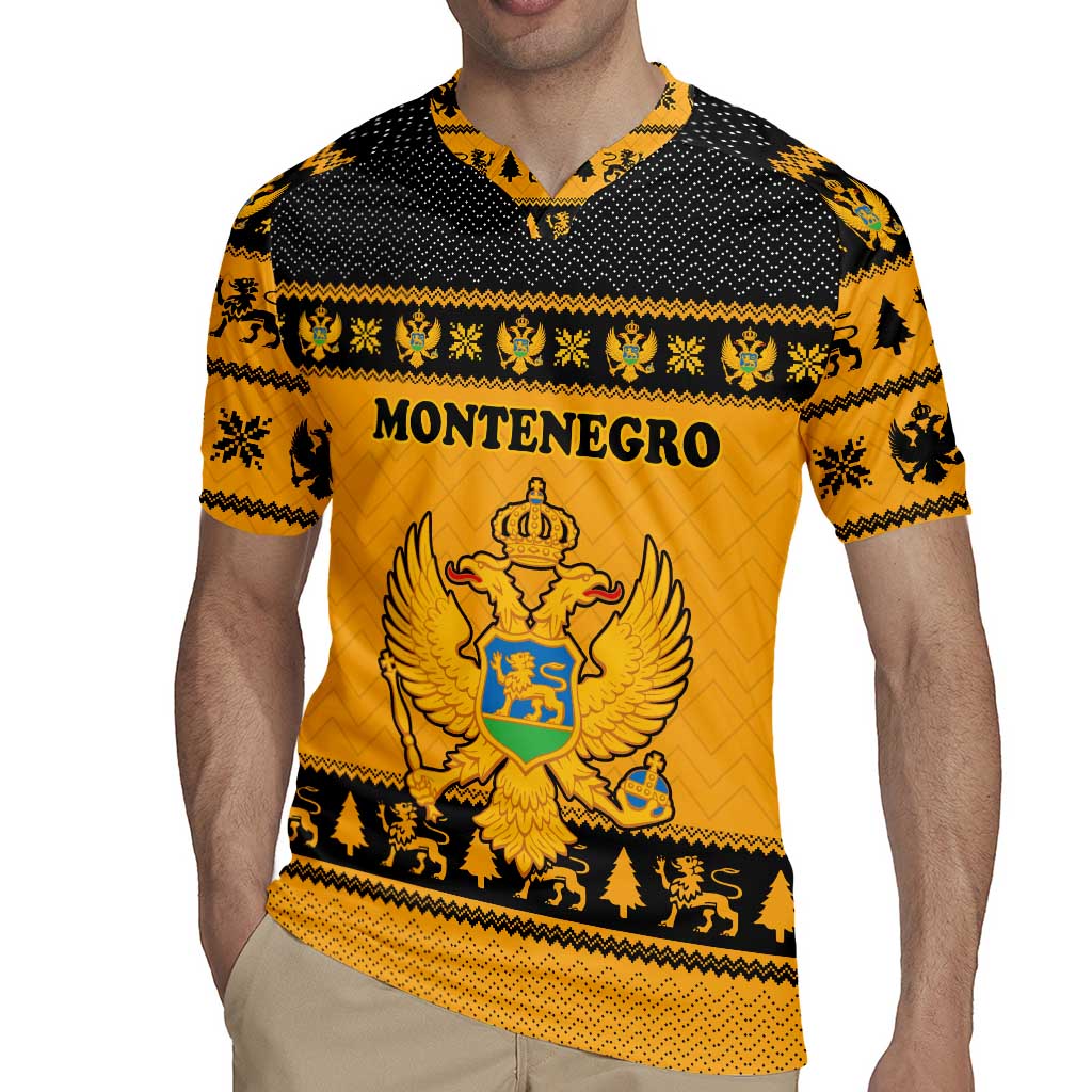 Montenegro Christmas Rugby Jersey with Gold-Black Theme, Double-Headed Eagle, and Map Motif - Wonder Print Shop