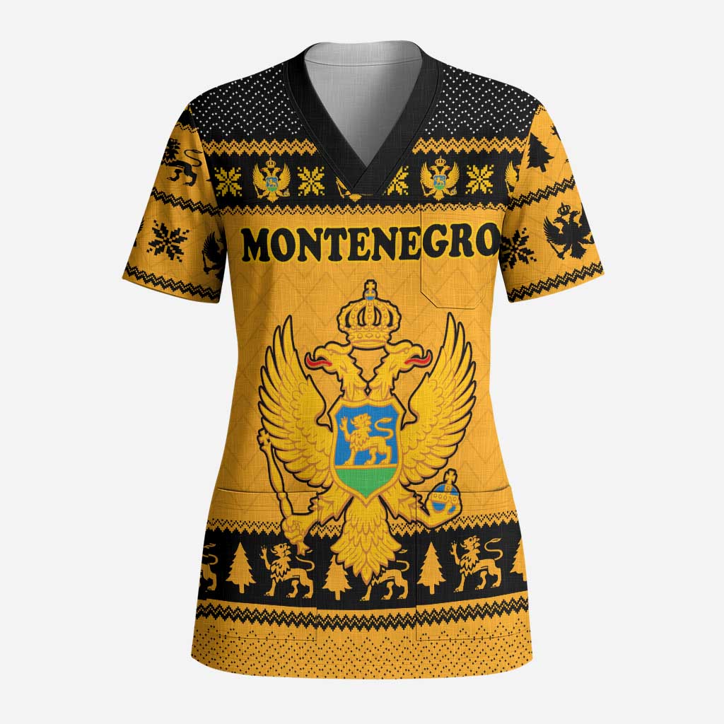 Montenegro Christmas Scrub Top with Gold-Black Theme, Double-Headed Eagle, and Map Motif - Wonder Print Shop