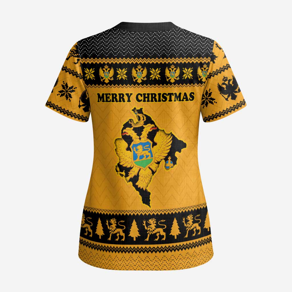 Montenegro Christmas Scrub Top with Gold-Black Theme, Double-Headed Eagle, and Map Motif - Wonder Print Shop