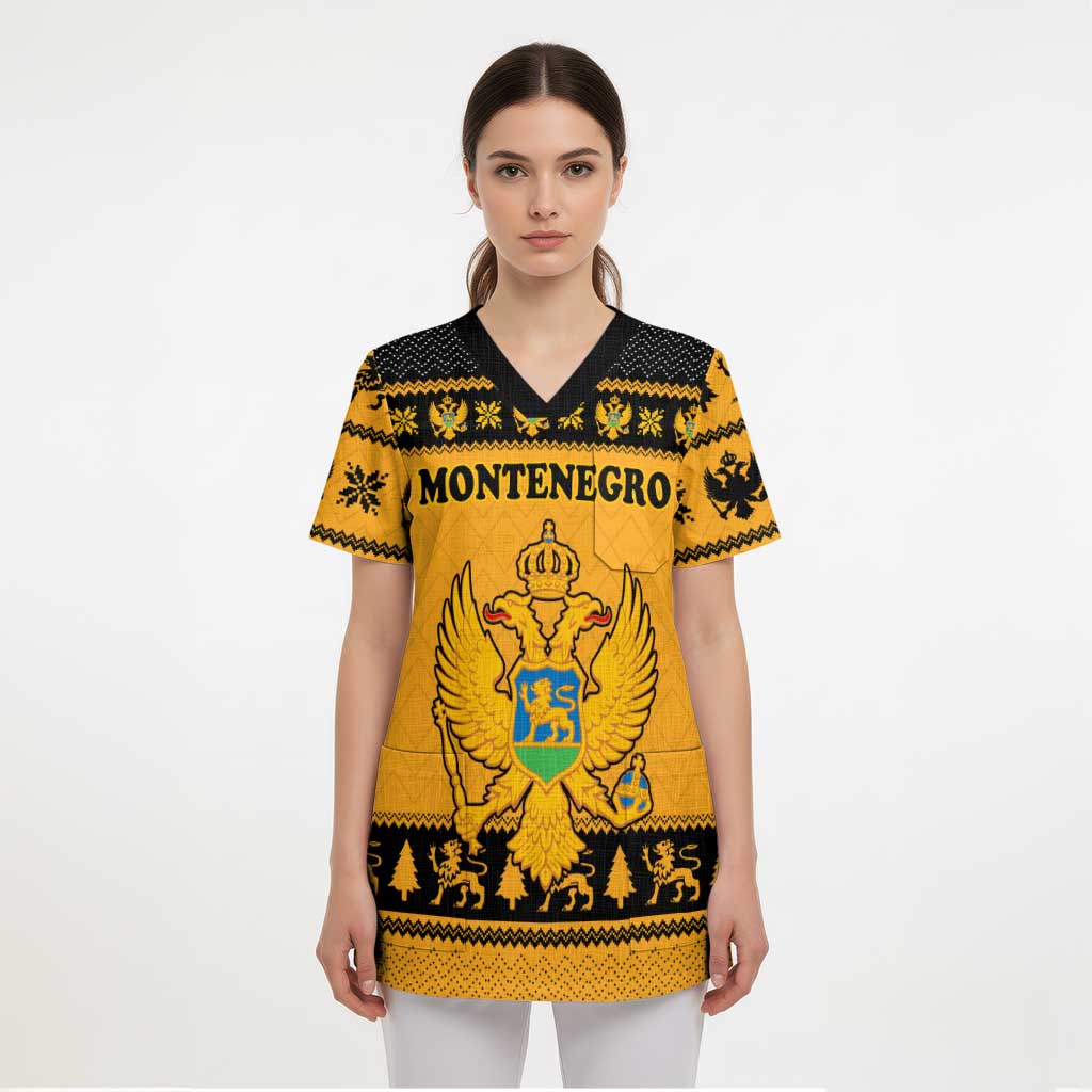 Montenegro Christmas Scrub Top with Gold-Black Theme, Double-Headed Eagle, and Map Motif - Wonder Print Shop