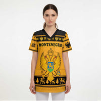 Montenegro Christmas Scrub Top with Gold-Black Theme, Double-Headed Eagle, and Map Motif - Wonder Print Shop