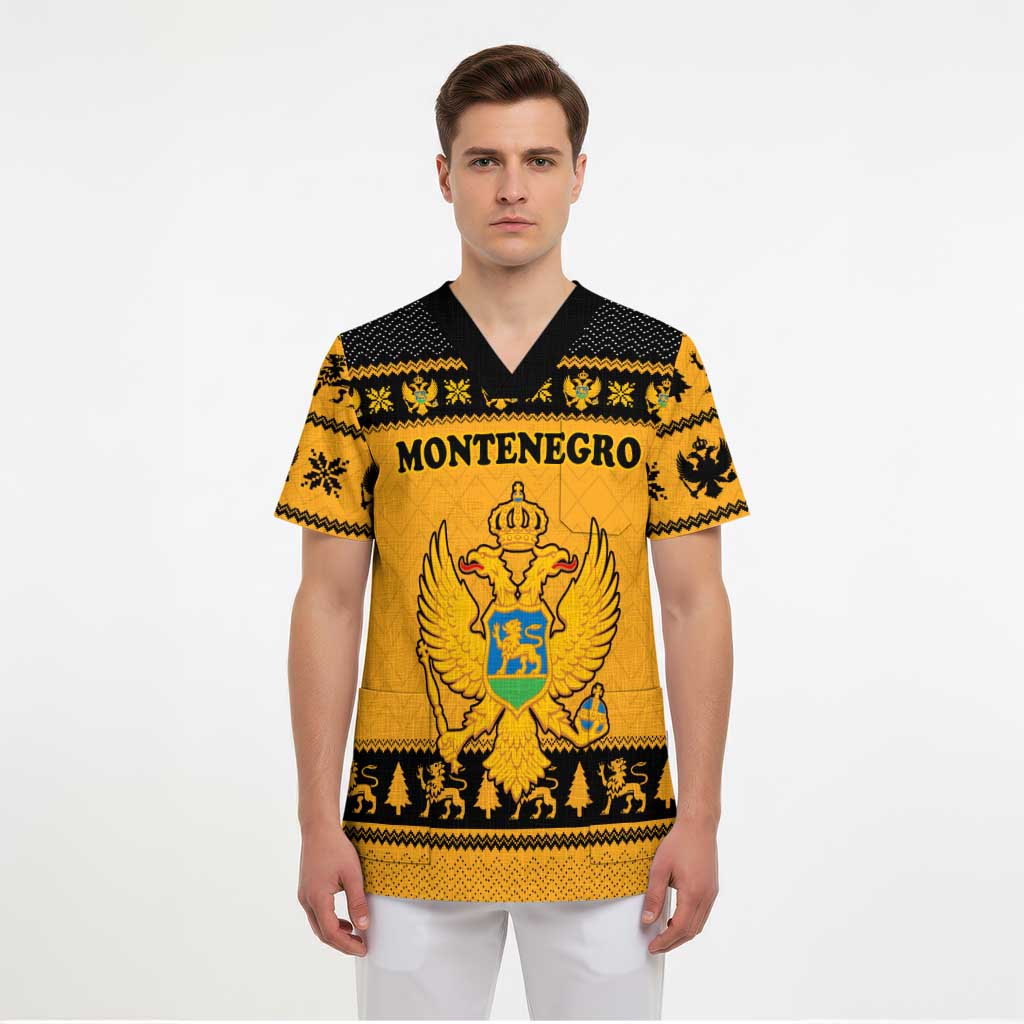 Montenegro Christmas Scrub Top with Gold-Black Theme, Double-Headed Eagle, and Map Motif - Wonder Print Shop