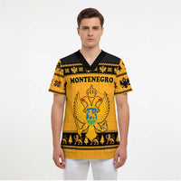 Montenegro Christmas Scrub Top with Gold-Black Theme, Double-Headed Eagle, and Map Motif - Wonder Print Shop