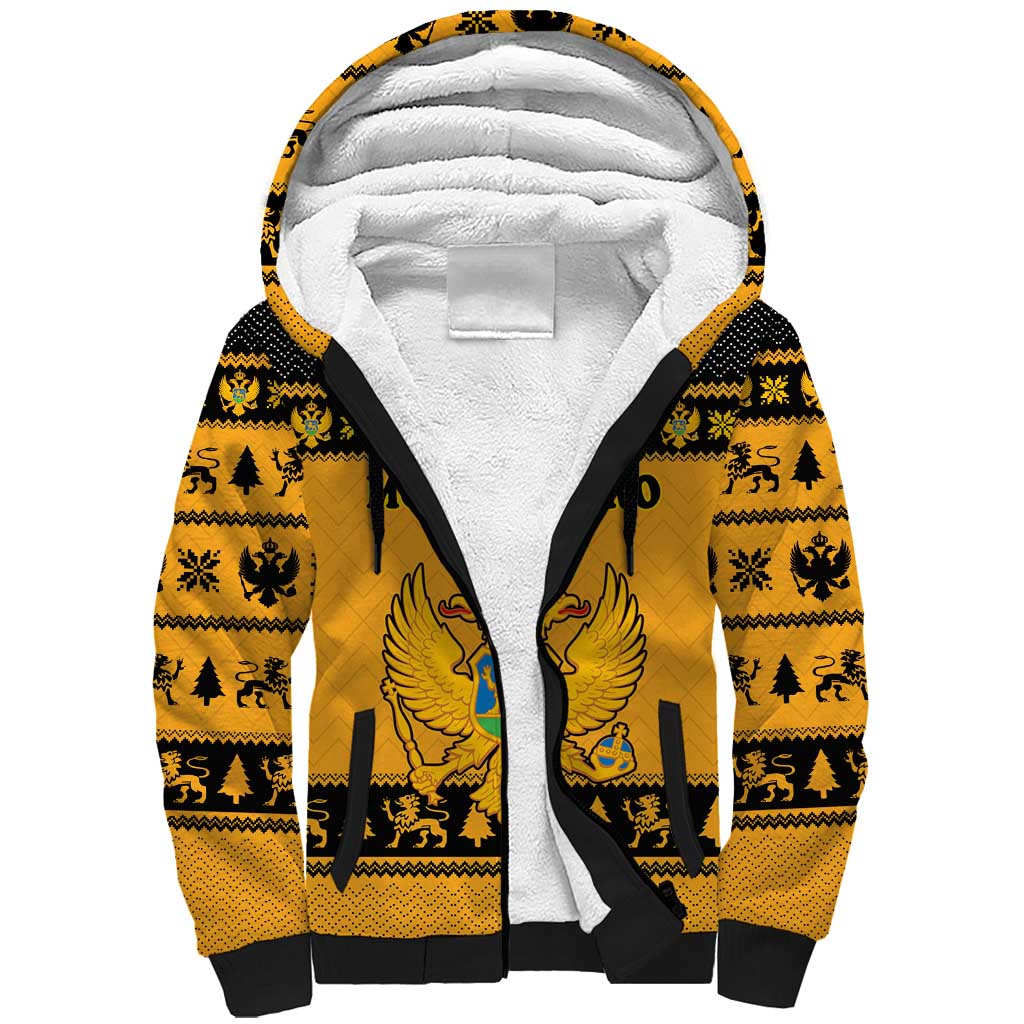 Montenegro Christmas Sherpa Hoodie with Gold-Black Theme, Double-Headed Eagle, and Map Motif - Wonder Print Shop