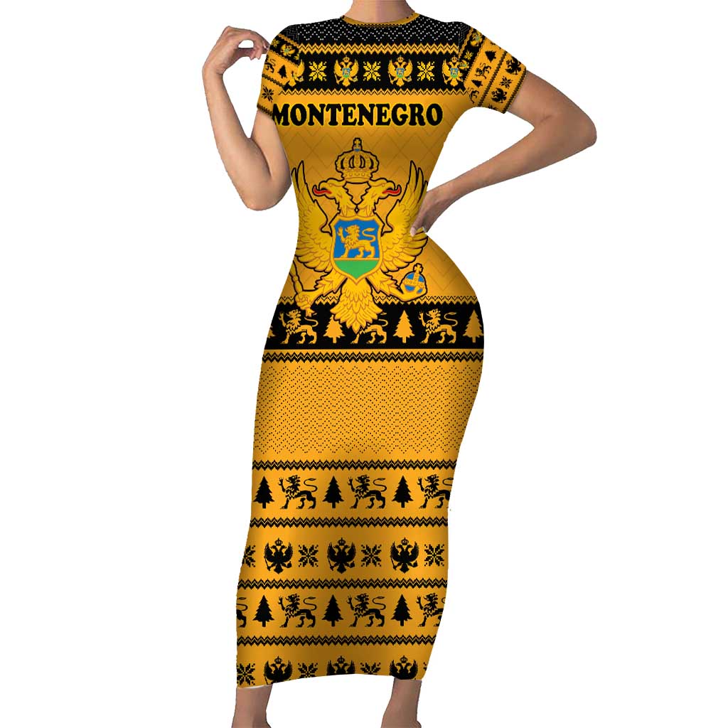 Montenegro Christmas Short Sleeve Bodycon Dress with Gold-Black Theme, Double-Headed Eagle, and Map Motif - Wonder Print Shop