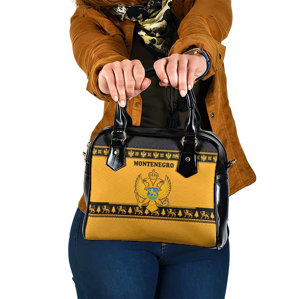 Montenegro Christmas Shoulder Handbag with Gold-Black Theme, Double-Headed Eagle, and Map Motif - Wonder Print Shop