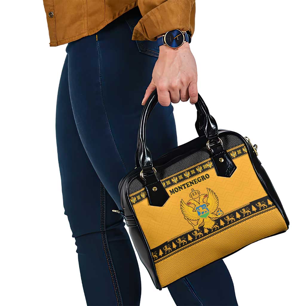 Montenegro Christmas Shoulder Handbag with Gold-Black Theme, Double-Headed Eagle, and Map Motif - Wonder Print Shop