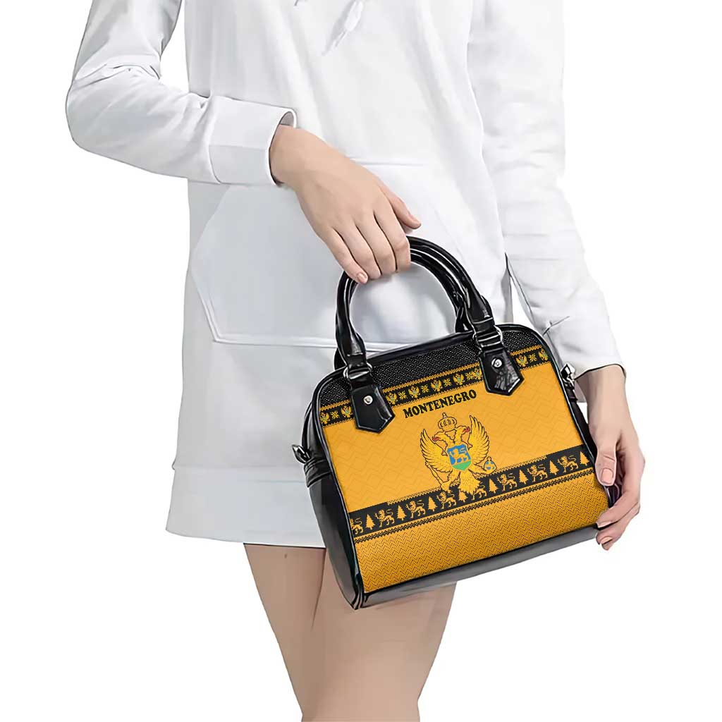 Montenegro Christmas Shoulder Handbag with Gold-Black Theme, Double-Headed Eagle, and Map Motif - Wonder Print Shop
