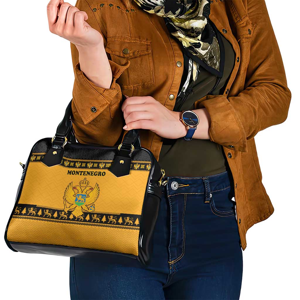 Montenegro Christmas Shoulder Handbag with Gold-Black Theme, Double-Headed Eagle, and Map Motif - Wonder Print Shop