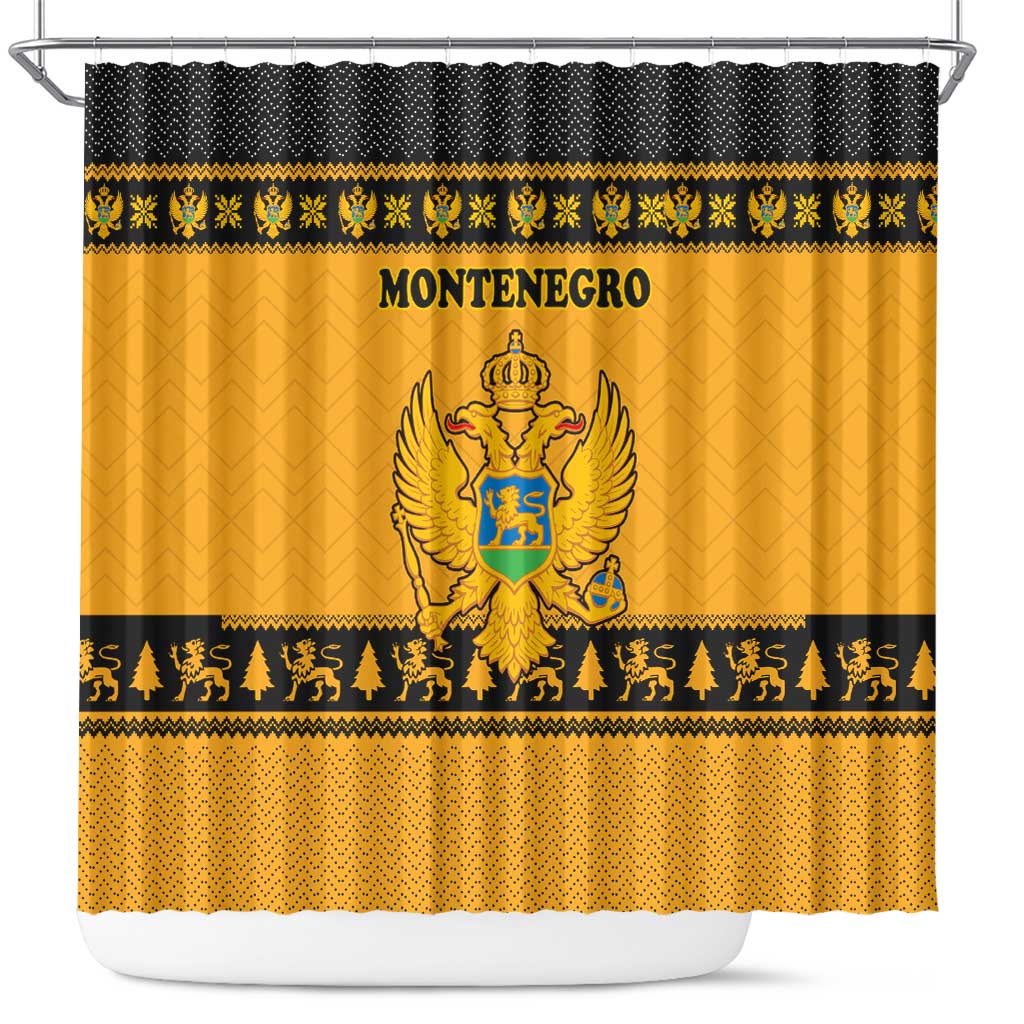 Montenegro Christmas Shower Curtain with Gold-Black Theme, Double-Headed Eagle, and Map Motif - Wonder Print Shop