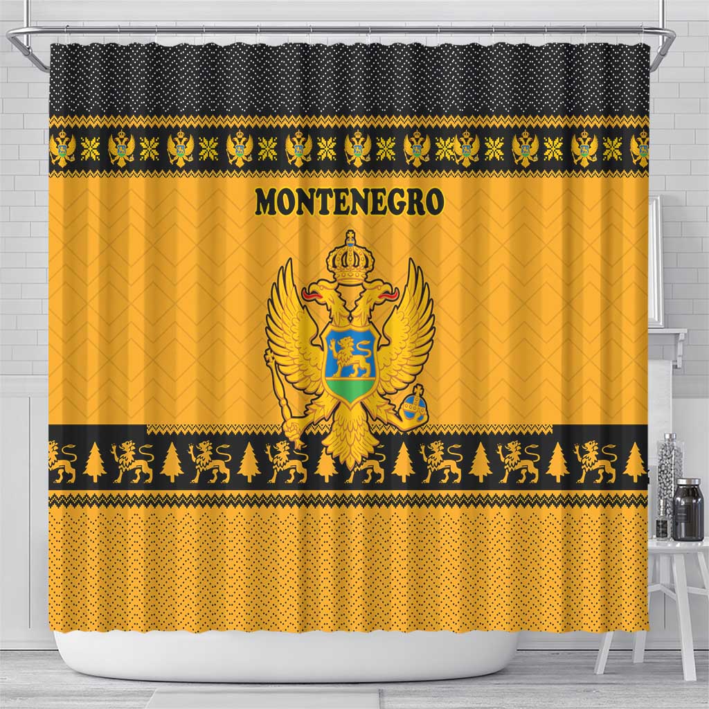 Montenegro Christmas Shower Curtain with Gold-Black Theme, Double-Headed Eagle, and Map Motif - Wonder Print Shop