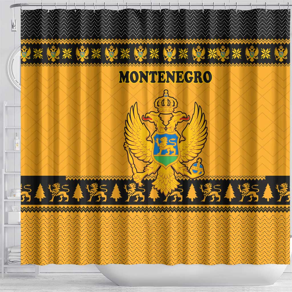 Montenegro Christmas Shower Curtain with Gold-Black Theme, Double-Headed Eagle, and Map Motif - Wonder Print Shop