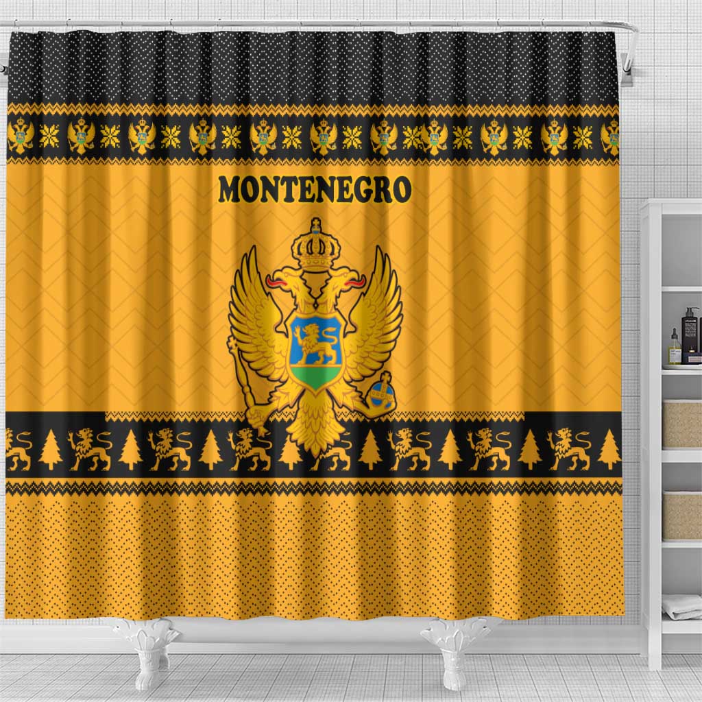 Montenegro Christmas Shower Curtain with Gold-Black Theme, Double-Headed Eagle, and Map Motif - Wonder Print Shop
