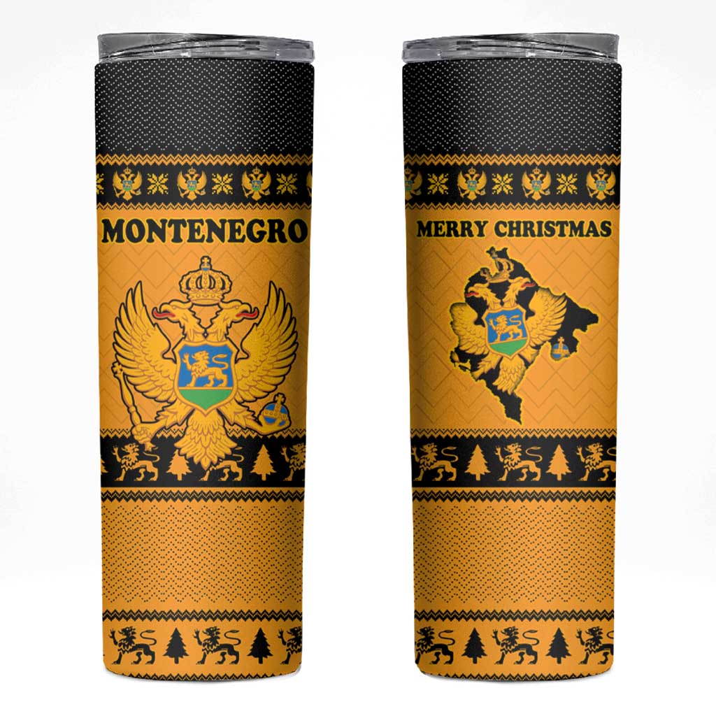 Montenegro Christmas Skinny Tumbler with Gold-Black Theme, Double-Headed Eagle, and Map Motif - Wonder Print Shop