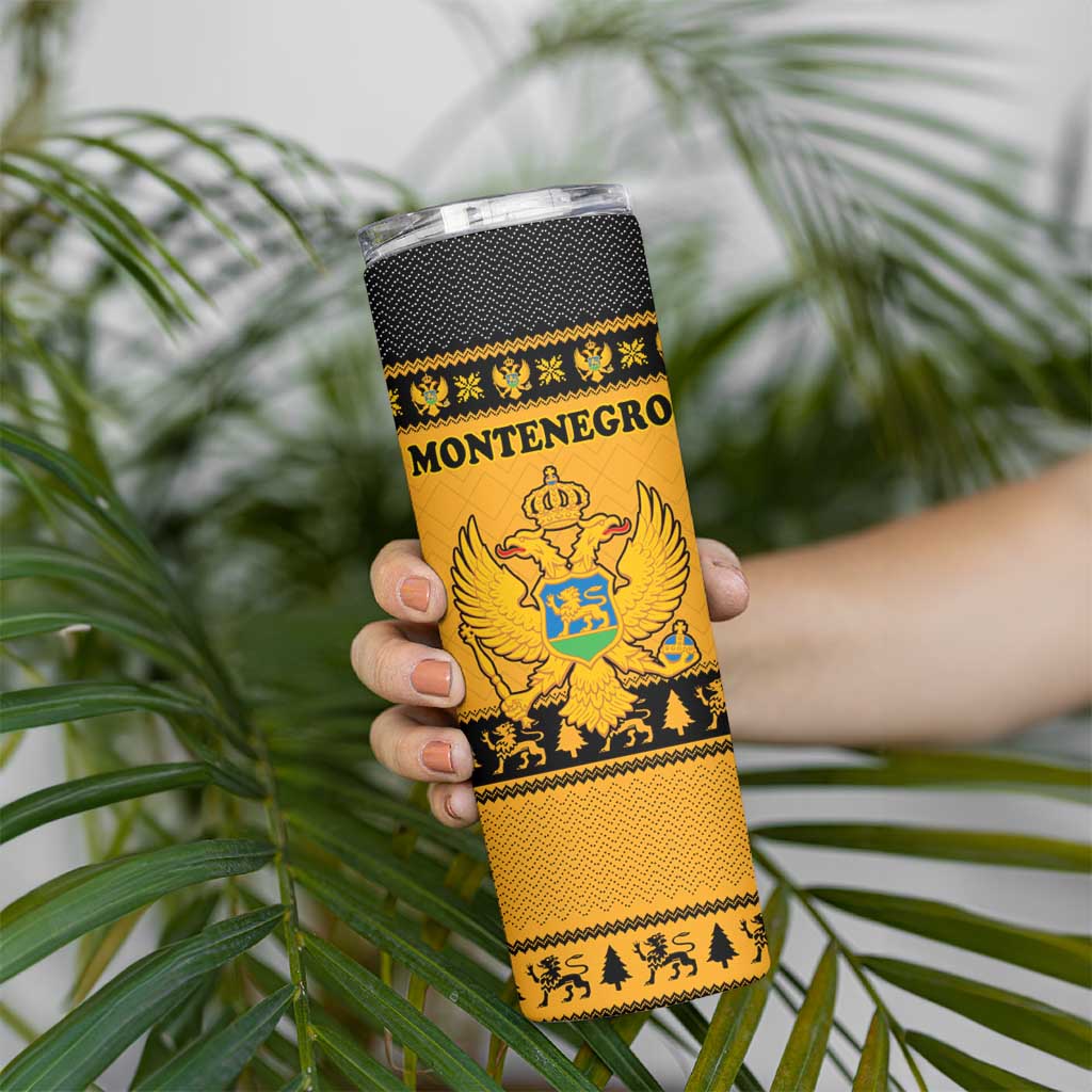 Montenegro Christmas Skinny Tumbler with Gold-Black Theme, Double-Headed Eagle, and Map Motif - Wonder Print Shop