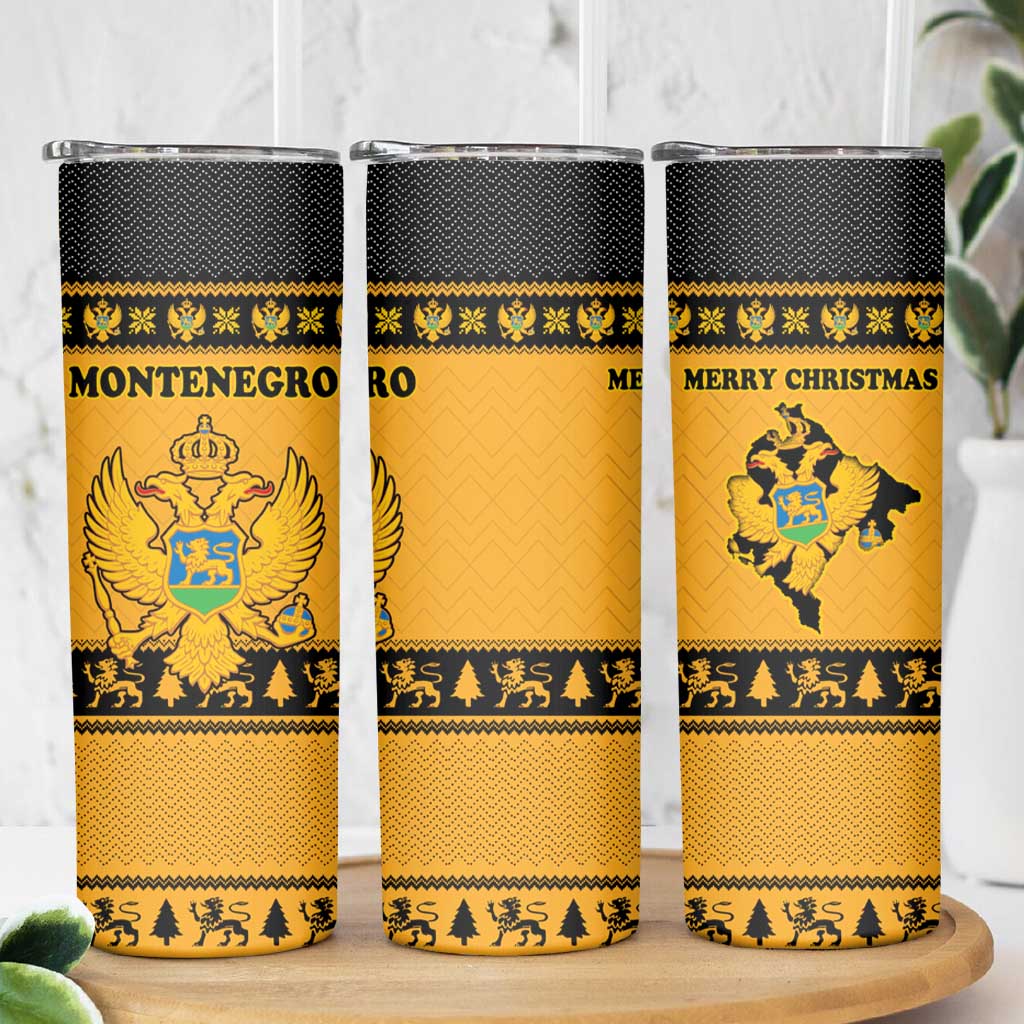 Montenegro Christmas Skinny Tumbler with Gold-Black Theme, Double-Headed Eagle, and Map Motif - Wonder Print Shop