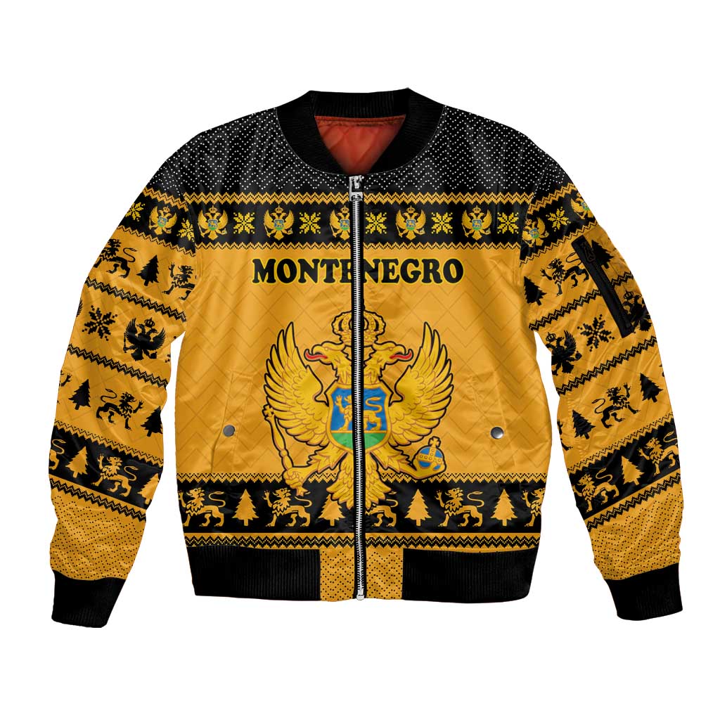 Montenegro Christmas Sleeve Zip Bomber Jacket with Gold-Black Theme, Double-Headed Eagle, and Map Motif - Wonder Print Shop