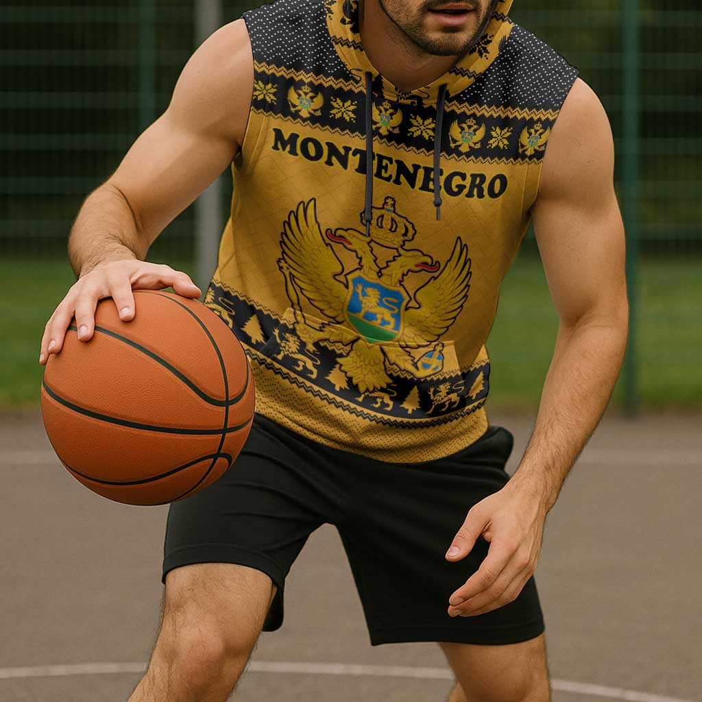 Montenegro Christmas Sleeveless Hoodie with Gold-Black Theme, Double-Headed Eagle, and Map Motif - Wonder Print Shop