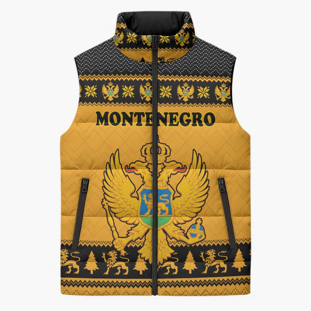 Montenegro Christmas Sleeveless Puffer Jacket with Gold-Black Theme, Double-Headed Eagle, and Map Motif - Wonder Print Shop
