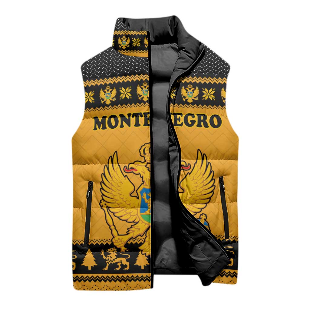 Montenegro Christmas Sleeveless Puffer Jacket with Gold-Black Theme, Double-Headed Eagle, and Map Motif - Wonder Print Shop