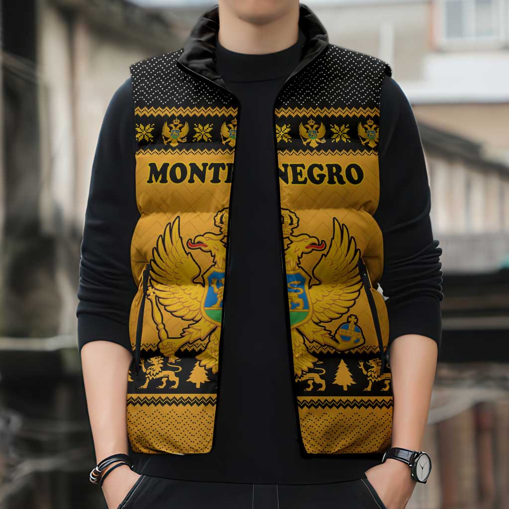 Montenegro Christmas Sleeveless Puffer Jacket with Gold-Black Theme, Double-Headed Eagle, and Map Motif - Wonder Print Shop