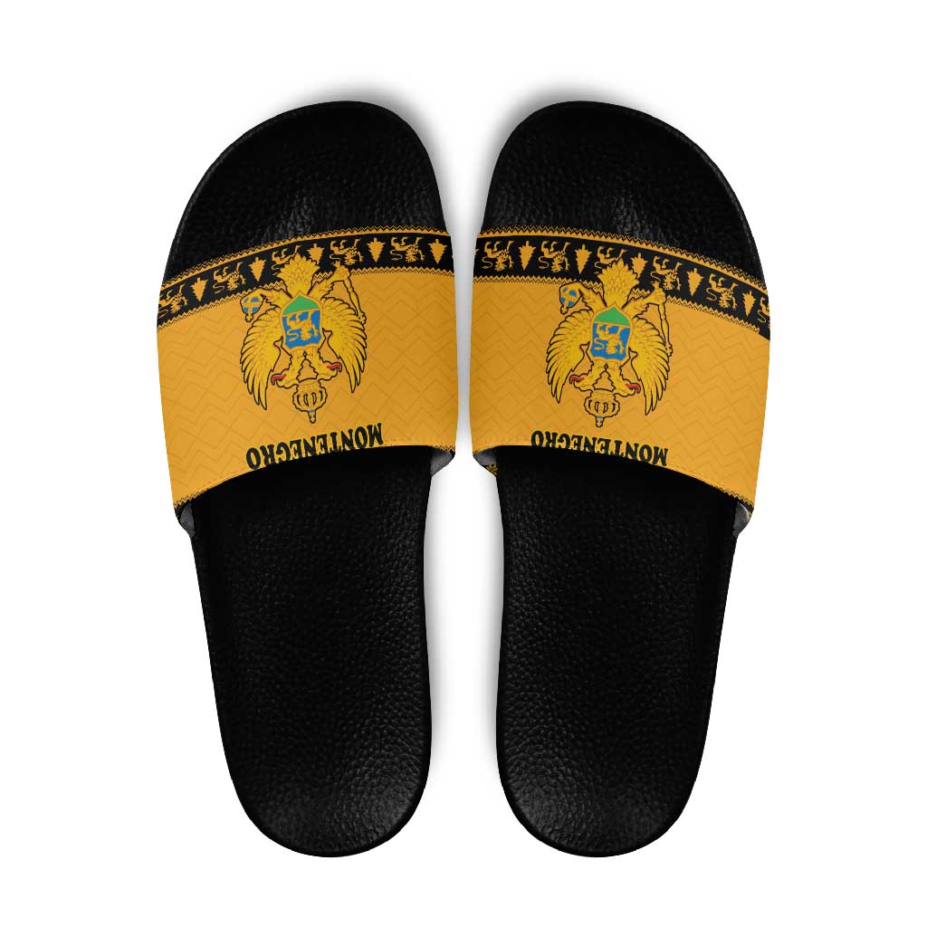 Montenegro Christmas Slide Sandals with Gold-Black Theme, Double-Headed Eagle, and Map Motif - Wonder Print Shop