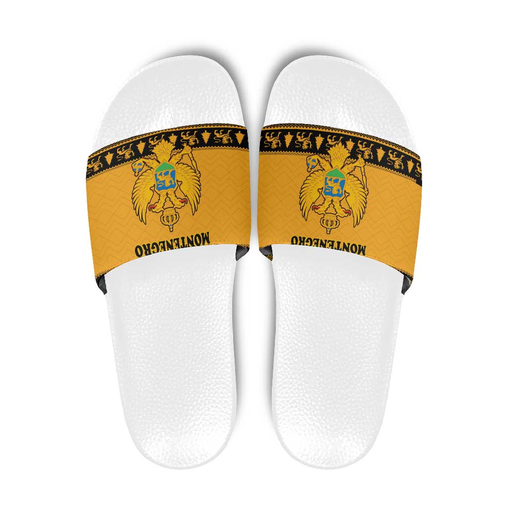 Montenegro Christmas Slide Sandals with Gold-Black Theme, Double-Headed Eagle, and Map Motif - Wonder Print Shop