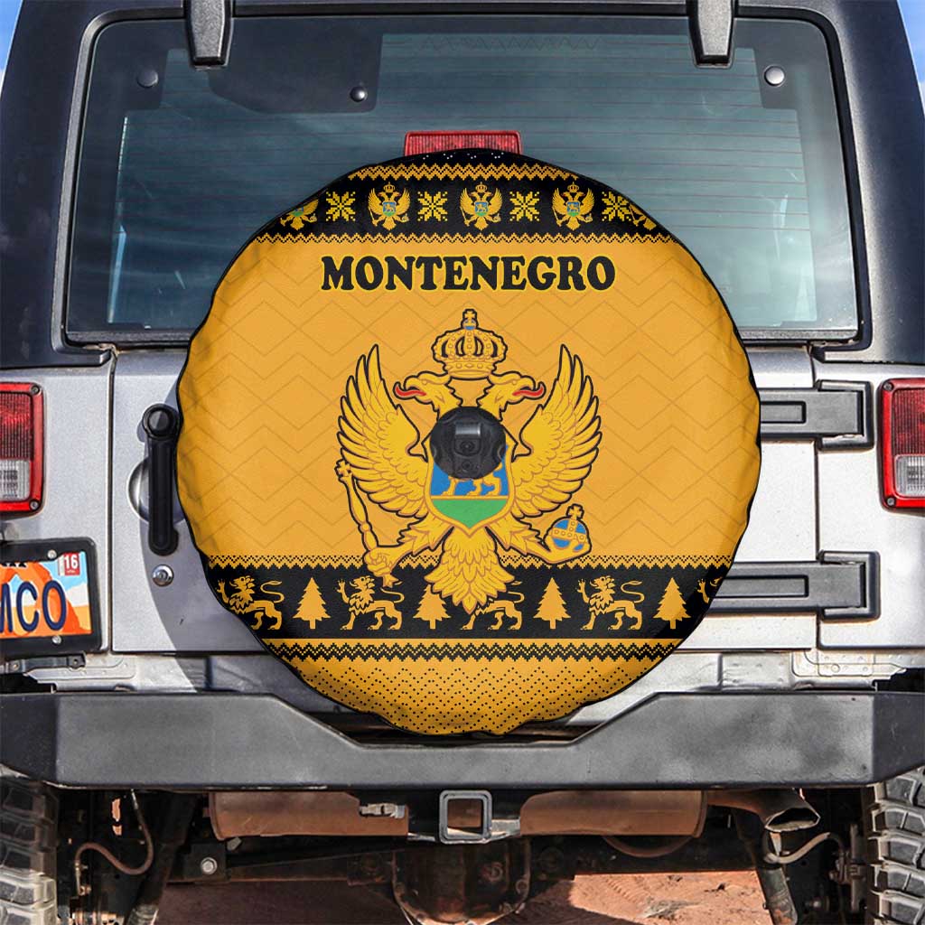 Montenegro Christmas Spare Tire Cover with Gold-Black Theme, Double-Headed Eagle, and Map Motif - Wonder Print Shop