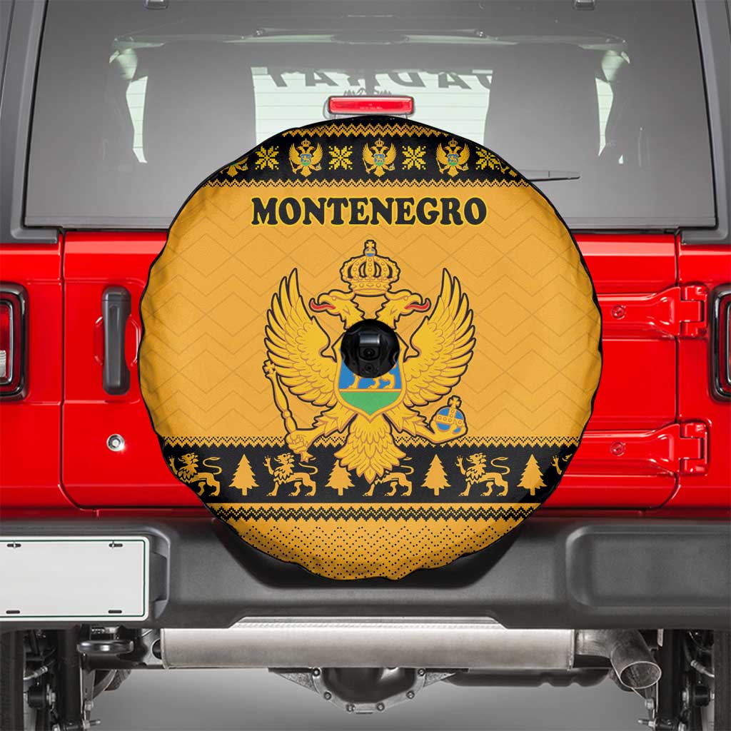 Montenegro Christmas Spare Tire Cover with Gold-Black Theme, Double-Headed Eagle, and Map Motif - Wonder Print Shop