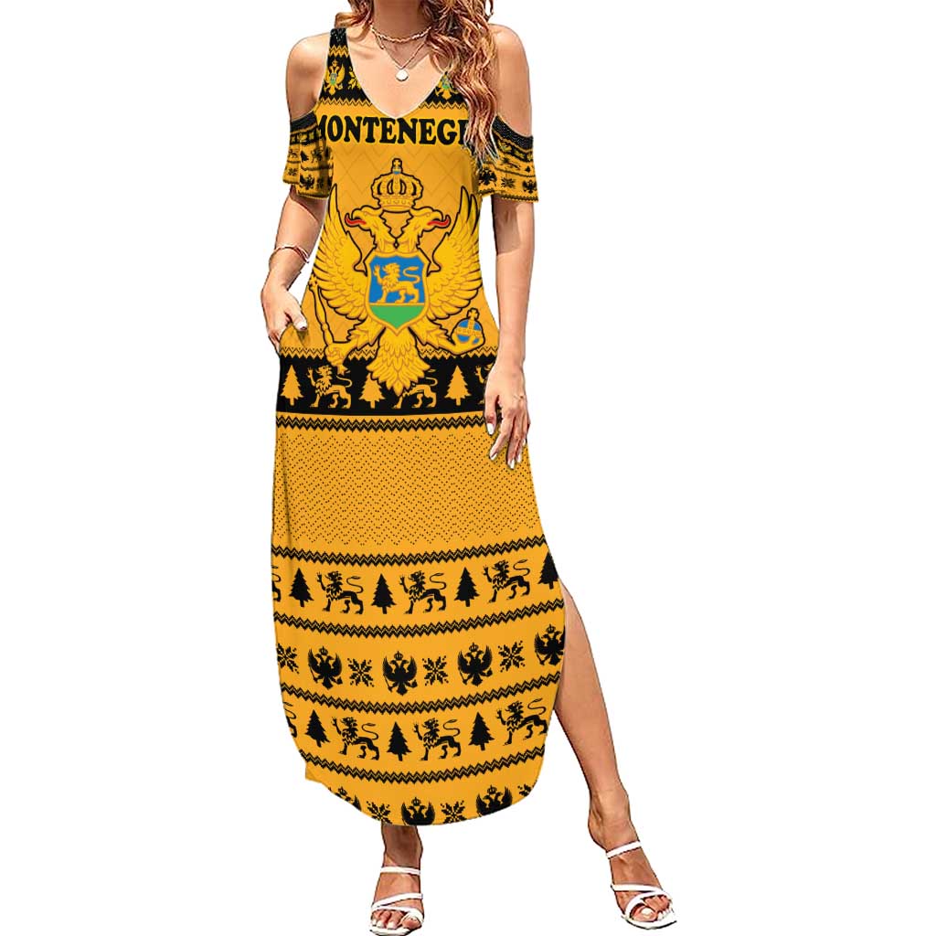 Montenegro Christmas Summer Maxi Dress with Gold-Black Theme, Double-Headed Eagle, and Map Motif - Wonder Print Shop