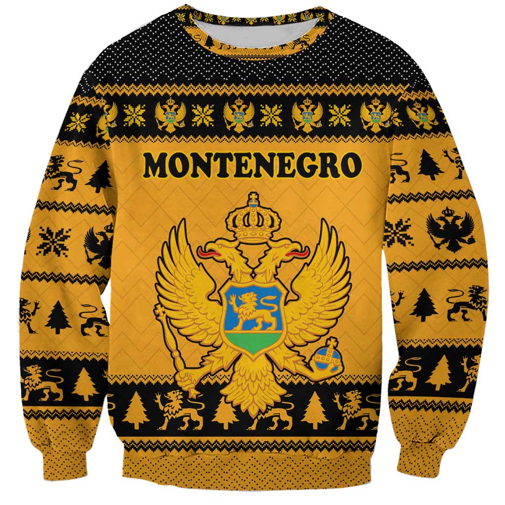 Montenegro Christmas Sweatshirt with Gold-Black Theme, Double-Headed Eagle, and Map Motif - Wonder Print Shop