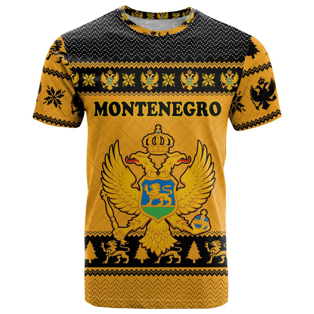 Montenegro Christmas T Shirt with Gold-Black Theme, Double-Headed Eagle, and Map Motif - Wonder Print Shop