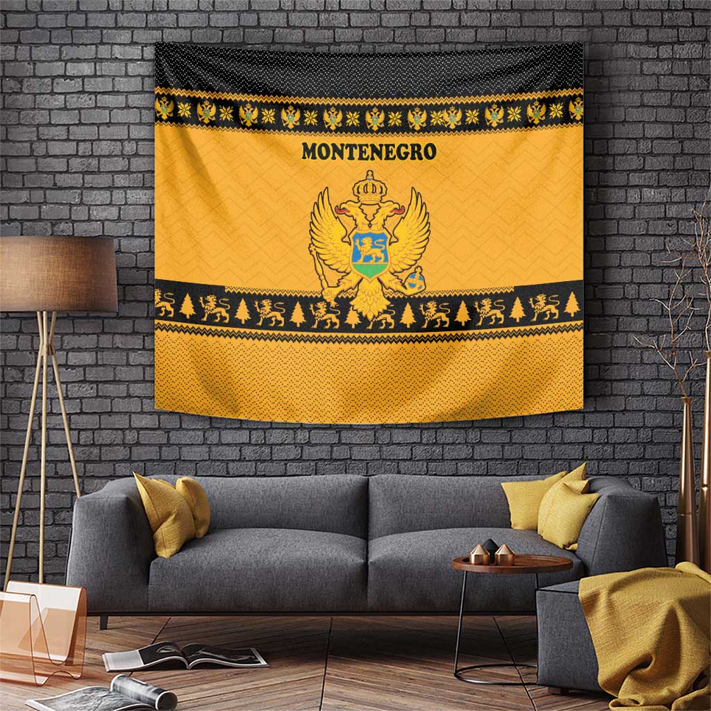 Montenegro Christmas Tapestry with Gold-Black Theme, Double-Headed Eagle, and Map Motif - Wonder Print Shop