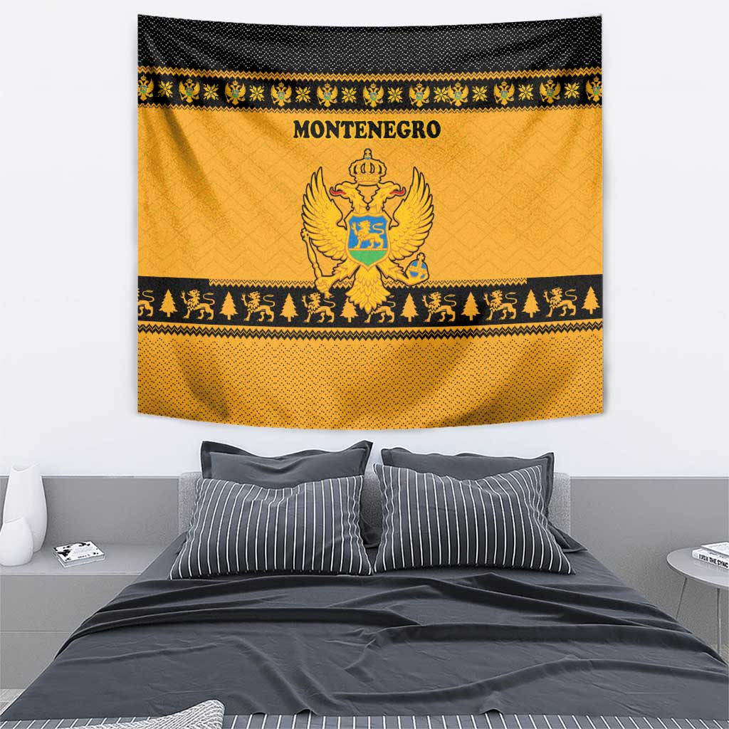 Montenegro Christmas Tapestry with Gold-Black Theme, Double-Headed Eagle, and Map Motif - Wonder Print Shop