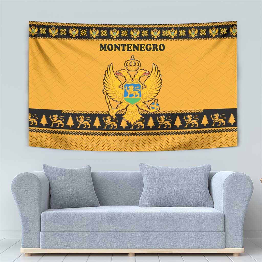 Montenegro Christmas Tapestry with Gold-Black Theme, Double-Headed Eagle, and Map Motif - Wonder Print Shop