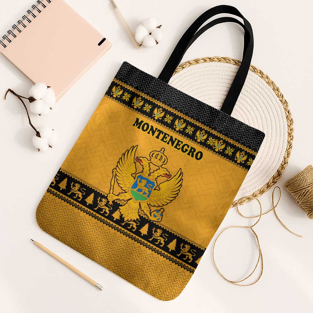 Montenegro Christmas Tote Bag with Gold-Black Theme, Double-Headed Eagle, and Map Motif - Wonder Print Shop
