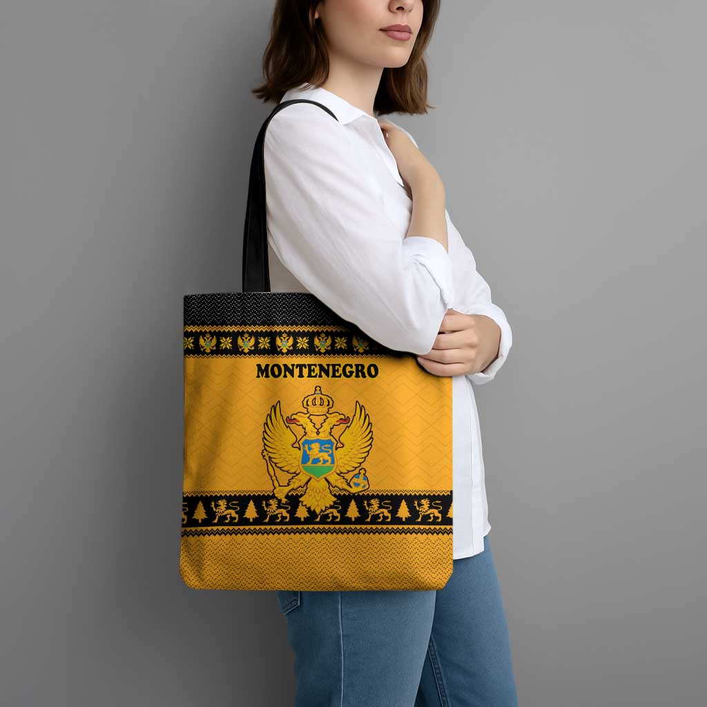 Montenegro Christmas Tote Bag with Gold-Black Theme, Double-Headed Eagle, and Map Motif - Wonder Print Shop