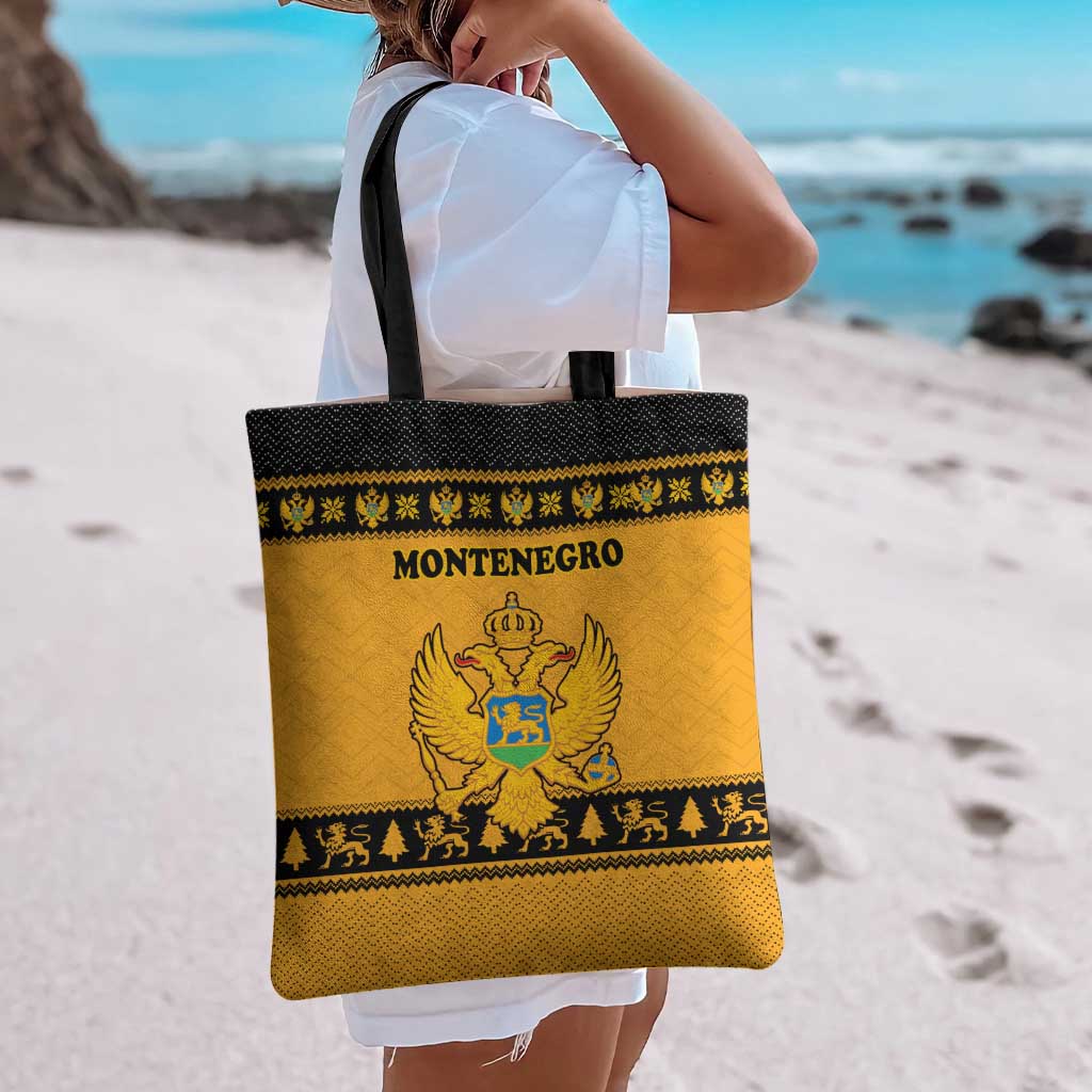 Montenegro Christmas Tote Bag with Gold-Black Theme, Double-Headed Eagle, and Map Motif - Wonder Print Shop