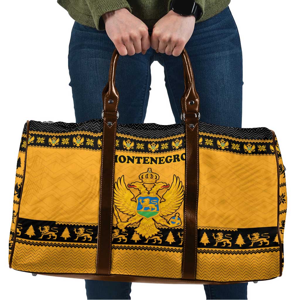 Montenegro Christmas Travel Bag with Gold-Black Theme, Double-Headed Eagle, and Map Motif - Wonder Print Shop