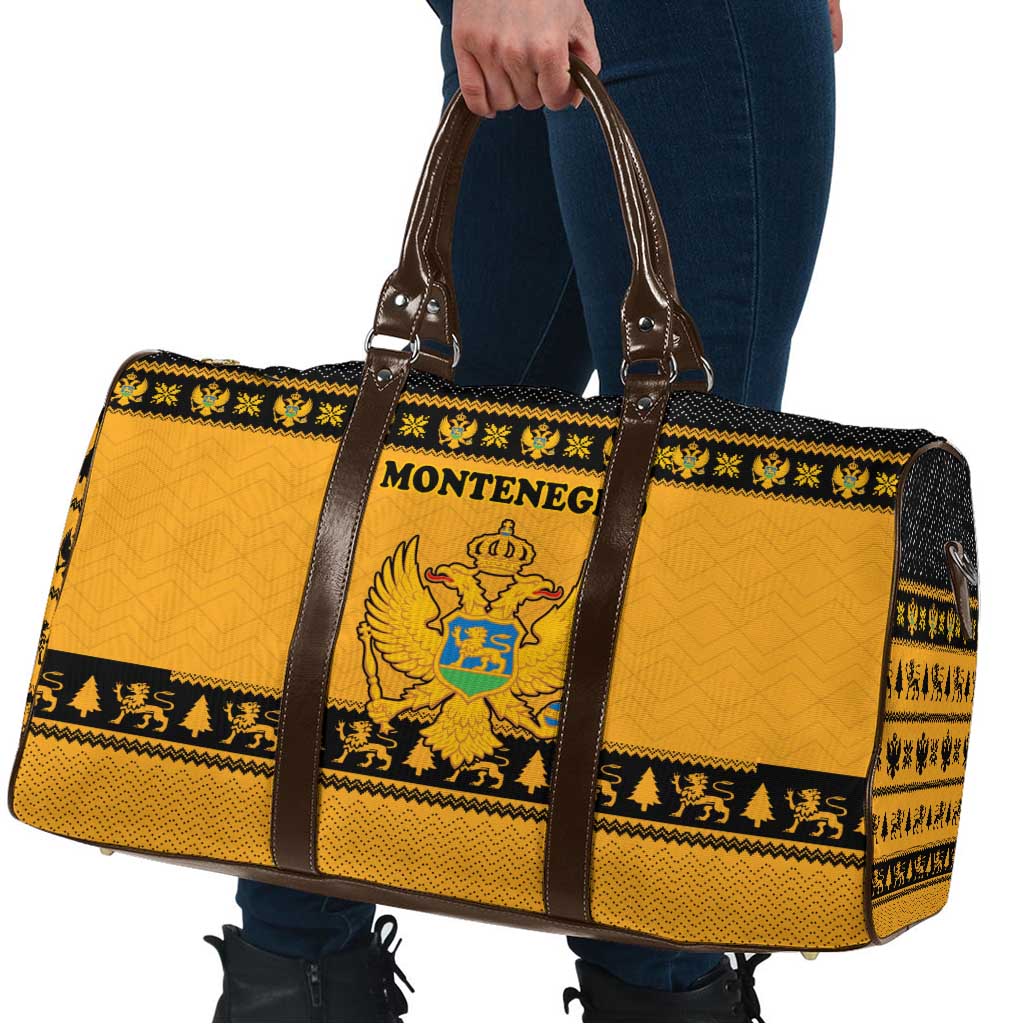 Montenegro Christmas Travel Bag with Gold-Black Theme, Double-Headed Eagle, and Map Motif - Wonder Print Shop
