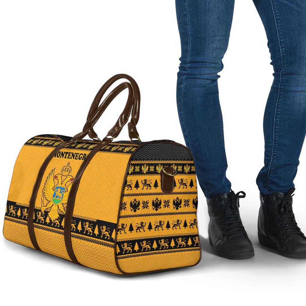 Montenegro Christmas Travel Bag with Gold-Black Theme, Double-Headed Eagle, and Map Motif - Wonder Print Shop
