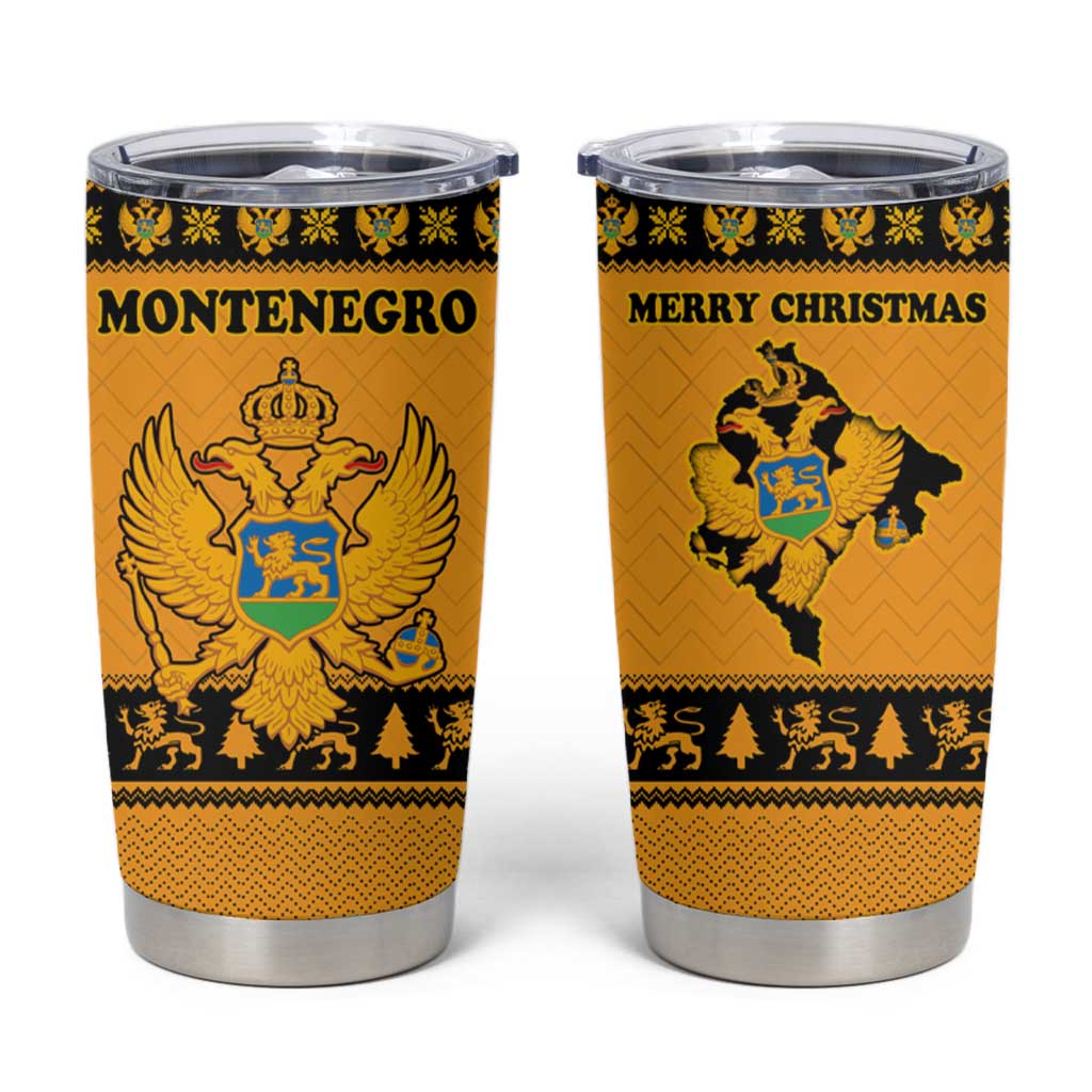 Montenegro Christmas Tumbler Cup with Gold-Black Theme, Double-Headed Eagle, and Map Motif - Wonder Print Shop