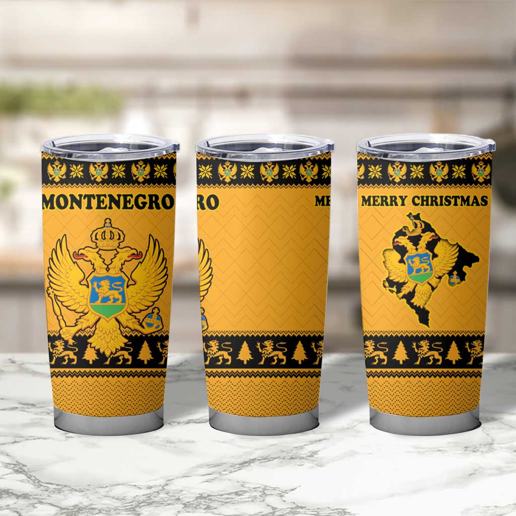 Montenegro Christmas Tumbler Cup with Gold-Black Theme, Double-Headed Eagle, and Map Motif - Wonder Print Shop