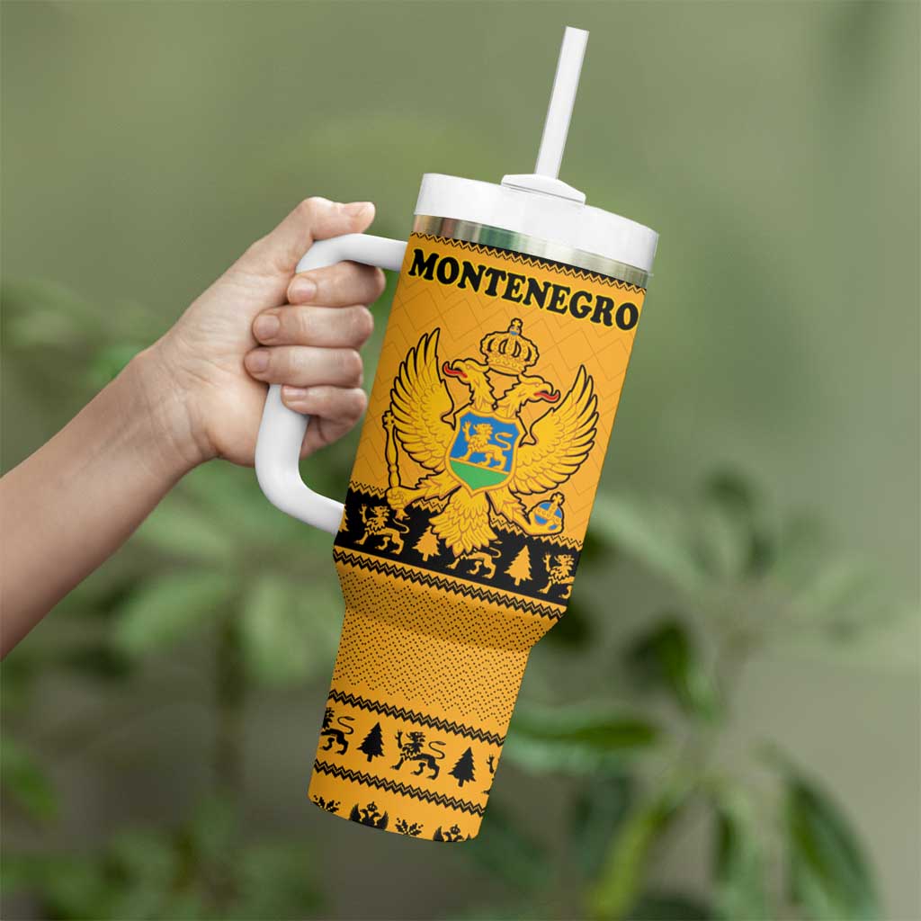 Montenegro Christmas Tumbler With Handle with Gold-Black Theme, Double-Headed Eagle, and Map Motif - Wonder Print Shop