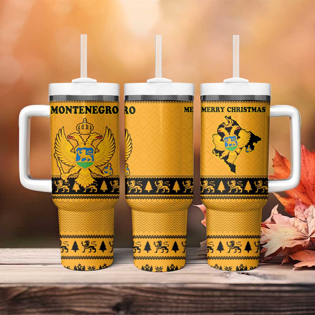 Montenegro Christmas Tumbler With Handle with Gold-Black Theme, Double-Headed Eagle, and Map Motif - Wonder Print Shop