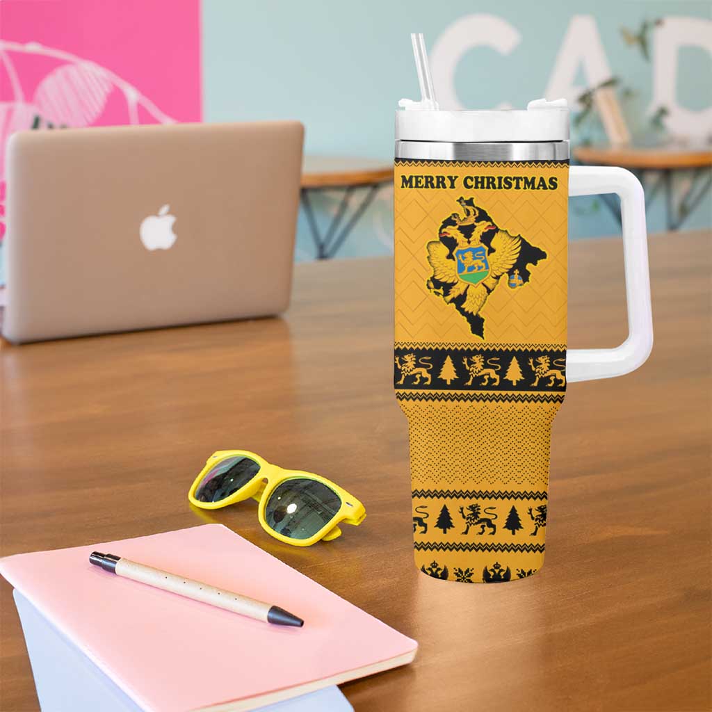 Montenegro Christmas Tumbler With Handle with Gold-Black Theme, Double-Headed Eagle, and Map Motif - Wonder Print Shop
