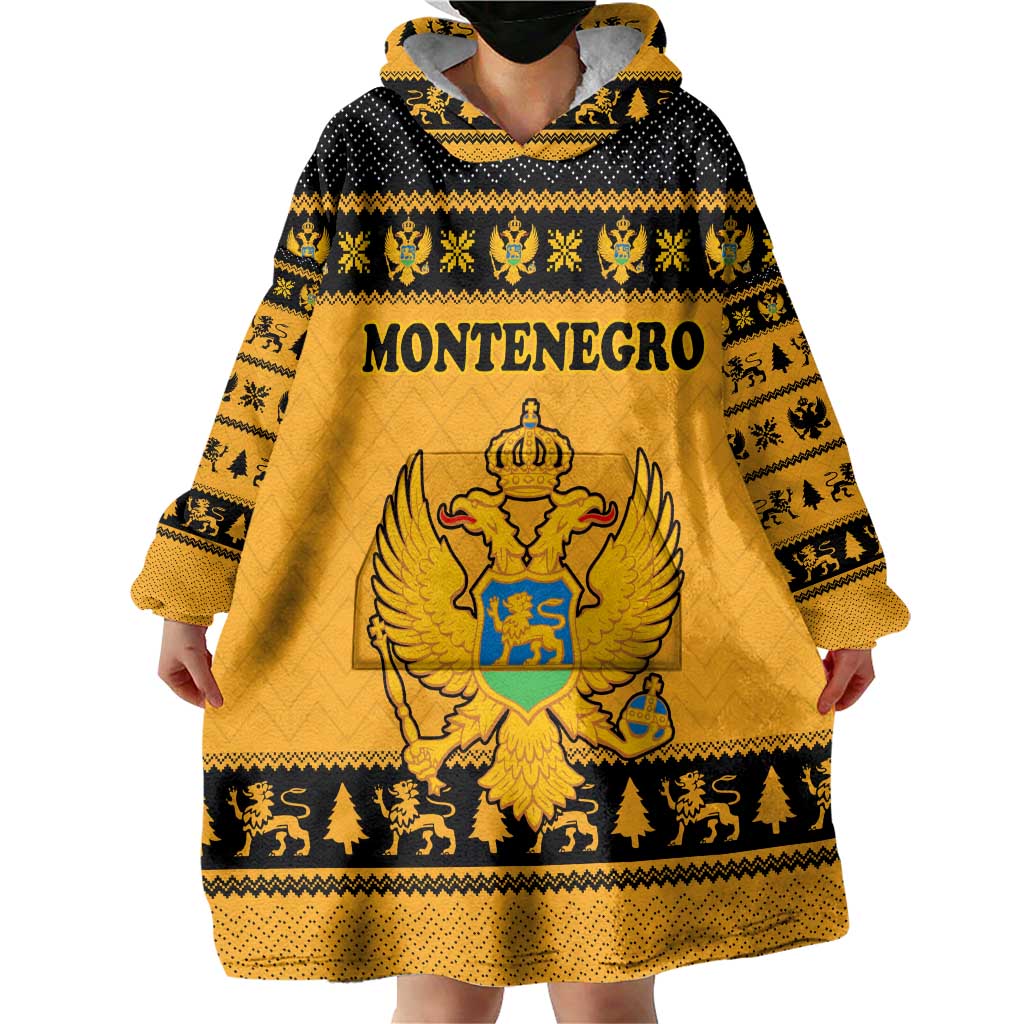 Montenegro Christmas Wearable Blanket Hoodie with Gold-Black Theme, Double-Headed Eagle, and Map Motif - Wonder Print Shop