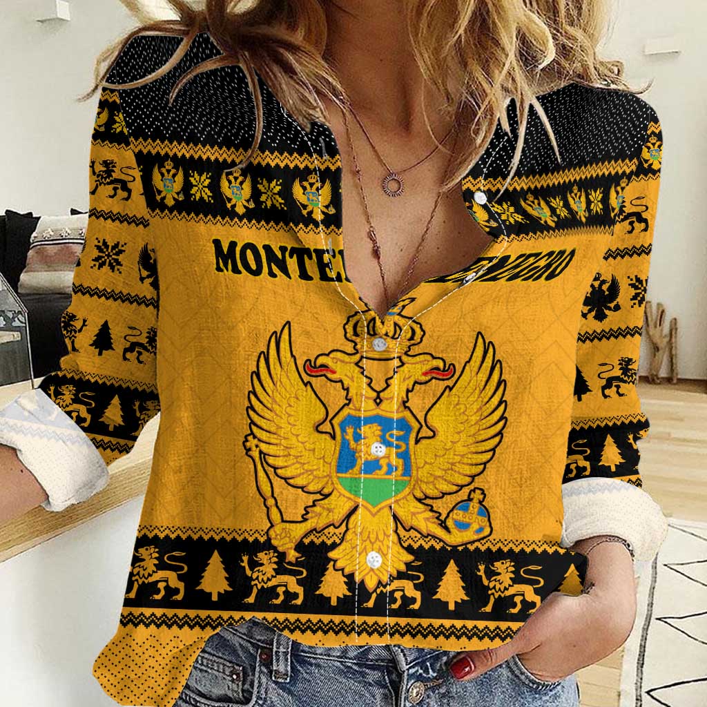 Montenegro Christmas Women Casual Shirt with Gold-Black Theme, Double-Headed Eagle, and Map Motif - Wonder Print Shop