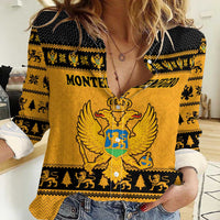 Montenegro Christmas Women Casual Shirt with Gold-Black Theme, Double-Headed Eagle, and Map Motif - Wonder Print Shop
